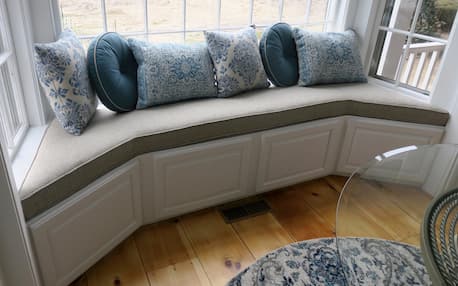 One piece Window Seat Cushion to fit bay window | Upholstered in a Revolution Base Fabric Upholstered by Cape Cod Upholstery Shop | Located in South Dennis, MA 02660