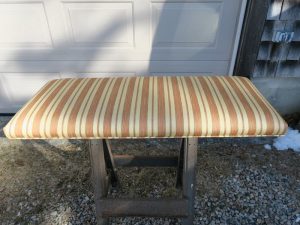Piano Bench Top | Upholstered in a vintage striped damask fabric | Upholstered by Cape Cod Upholstery Shop | Located in South Dennis, MA 02660