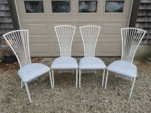 Metal Dining Chairs with removable Seats | Upholstered in an exclusive Thibaut Fabrics Sunbrella Fabric | Upholstered by Cape Cod Upholstery Shop | Located in South Dennis, MA 02660