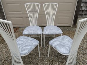 Metal Dining Chairs with removable Seats | Upholstered in an exclusive Thibaut Fabrics Sunbrella Fabric | Upholstered by Cape Cod Upholstery Shop | Located in South Dennis, MA 02660