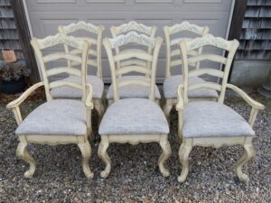 Ladder Back dining room chairs with Queen Ann legs | Upholstered in a United Fabrics Crypton | Upholstered by Cape Cod Upholstery Shop | Located in South Dennis, MA 02660