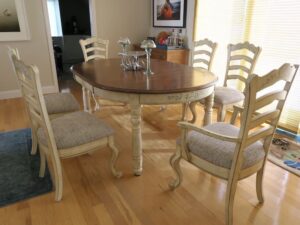 Set of six ladder back style Kitchen Chairs | Upholstered in a United Fabrics Crypton | Upholstered by Cape Cod Upholstery Shop | Located in South Dennis, MA 02660