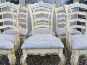 Ladder Back dining room chairs with Queen Ann legs | Upholstered in a United Fabrics Crypton | Upholstered by Cape Cod Upholstery Shop | Located in South Dennis, MA 02660