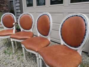 Double welt cording made from Batik Fabric imported from India | French arm and side chairs, upholstered in their original genuine leather, were part of This Old House Concord Cottage Season 25 | Batik double welt cord Upholstered by Cape Cod Upholstery Shop | Located in South Dennis, MA 02660