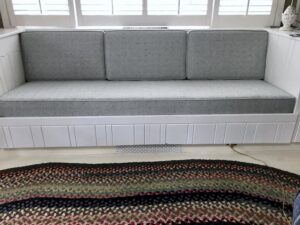 Built-in bench seating | One 85" long seat cushion and three back cushions | All new 2.6 density CertiPur-US Foam | Upholstered with a Greenhouse Fabric Crypton Finish | Upholstered by Cape Cod Upholstery Shop | Located in South Dennis, MA 02660