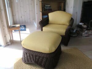 Ficks Reed Wicker Chair & Ottoman | Cushion covers upholstered in a Krypton Greenhouse Fabric | Wicker Freshly painted in a Benjamin Moore paint by Dip N' Strip in Hyannis, MA | Upholstered by Cape Cod Upholstery Shop | Located in South Dennis, MA 02660
