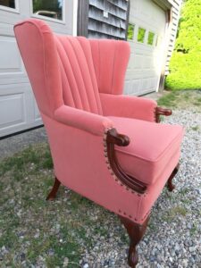 Channel back wing chair in side view | Upholstered in a Greenhouse Fabrics performance acrylic velvet with Crypton protective finish | New 4" high density foam seat cushion wrapped in stitched dacron | Upholstered by Cape Cod Upholstery Shop | Located in South Dennis, MA 02660