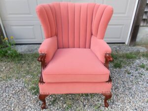 Channel back wing chair in landscape view | Upholstered in a Greenhouse Fabrics performance acrylic velvet with Crypton protective finish | New 4" high density foam seat cushion wrapped in stitched dacron | Upholstered by Cape Cod Upholstery Shop | Located in South Dennis, MA 02660