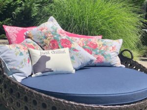 Pool-side outdoor daybed with throw pillows used as a therapy cushion for a special needs customer. Outer cushion fabric is a Sunbrella Spectrum Indigo indoor-outdoor fabric. Under cushion cover made with Trivantage BellBloc-68 waterproof fabric liner. Foam cushion core is 3" antibacterial marine foam from Sailrite. Upholstered by Cape Cod Upholstery Shop | Located in South Dennis, MA 02660.