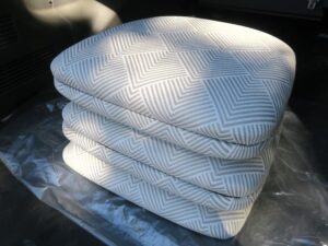Side view of 5 dining seats ready to be delivered and installed | Upholstered in an indoor-outdoor fabric | Upholstered by Cape Cod Upholstery Shop | Located in South Dennis, MA 02660