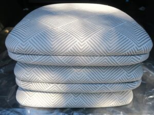 Front view of 5 dining seats ready to be delivered and installed | Upholstered in an indoor-outdoor fabric | Upholstered by Cape Cod Upholstery Shop | Located in South Dennis, MA 02660