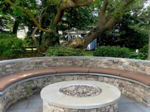 Five semi-circular fire pit cushions | Upholstered on the top and sides with a Sunbrella Canvas Chestnut and Phifertex mesh fabric on the bottom | Ez-Dri outdoor foam | Upholstered by Cape Cod Upholstery Shop | Located in South Dennis, MA 02660