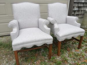 Small scale matching chairs with a bit of a side view| Upholstered in a Greenhouse Fabric from the Sustain Collections Upholstered by Cape Cod Upholstery Shop | Located in South Dennis, MA 02660