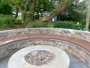 Five semi-circular fire pit cushions | Upholstered on the top and sides with a Sunbrella Canvas Chestnut and Phifertex mesh fabric on the bottom | Ez-Dri outdoor foam | Upholstered by Cape Cod Upholstery Shop | Located in South Dennis, MA 02660