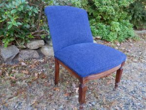 Small side chair, no arms, circa early 1900's. Upholstered in a chenille type fabric supplied by the customer | Upholstered by Cape Cod Upholstery Shop | Located in South Dennis, MA 02660