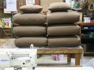 Sunbrella Chestnut Canvas cushions ready for delivery. Cushion covers sewn using a Juki LU-1508N | Upholstered by Cape Cod Upholstery Shop | Located in South Dennis, MA 02660