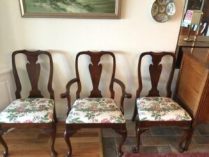 Set of eight walnut dining room chairs. Two arm chairs and six side chairs. Upholstered in a vintage F. Schumacher & Company fabric, pattern Mandarin - Pavillion. | Upholstered by Cape Cod Upholstery Shop | Located in South Dennis, MA 02660