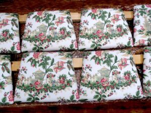 Set of 8 dining seats. Upholstered in a vintage F. Schumacher Company fabric | Upholstered by Cape Cod Upholstery Shop | Located in South Dennis, MA 02660