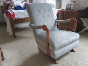 Upholstered rocking chair | Upholstered in a Greenhouse Fabrics sage green chenille | Upholstered by Cape Cod Upholstery Shop | Located in South Dennis, MA 02660