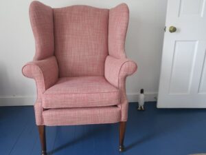 Antique wing chair | Upholstered in a Perennials Performance fabric | Upholstered by Cape Cod Upholstery Shop located in South Dennis, MA 02660