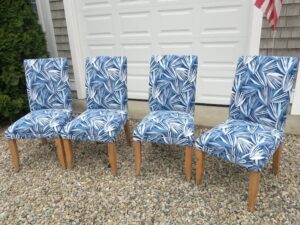 Set of four Parsons Style Chairs | Upholstered in modern Perennials print upholstery fabric | Upholstered by Cape Cod Upholstery Shop | Located in South Dennis, MA 02660
