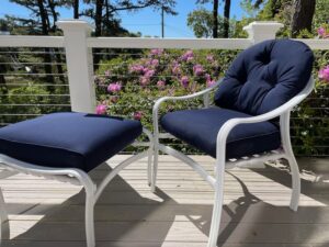 Deck Chair & Ottoman cushions fabricated from Sunbrella navy canvas. Cushions fabricated by Cape Cod Upholstery Shop | Located in South Dennis, MA 02660
