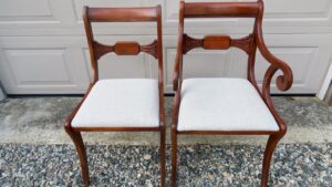 Dining room side chair and arm chair as part of a set of six | Upholstered in Sunbrella Hybrid Smoke | Upholstered by Cape Cod Upholstery Shop | Located in South Dennis, MA 02660
