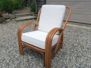 Large Rattan Chair. Cushions fabricated using a textured white fabric and new high density foam wrapped in dacron. Cushions fabricated by Cape Cod Upholstery Shop | Located in South Dennis, MA 02660