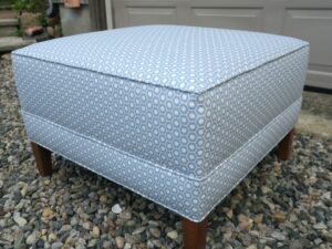 Square Ottoman 36"x36" | Upholstered in a "Queen B" Schumacher print fabric | Upholstered by Cape Cod Upholstery Shop | Located in South Dennis, MA 02660
