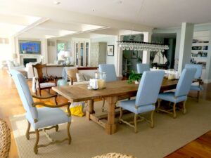Upholstered Parson Style dining chairs | Upholstered in Sunbrella Tailored Opal from the Sunbrella Fusion Collection | Upholstered by Cape Cod Upholstery Shop | Located in South Dennis, MA 02660