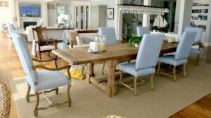 Upholstered Parson Style dining chairs | Upholstered in Sunbrella Tailored Opal from the Sunbrella Fusion Collection | Upholstered by Cape Cod Upholstery Shop | Located in South Dennis, MA 02660