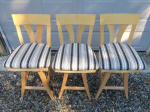 Swivel Bar stools with a maple frame. Upholstered in a Greenhouse Fabric S2313 Noir stripe fabric | Upholstered by Cape Cod Upholstery Shop | Located in South Dennis, MA 02660