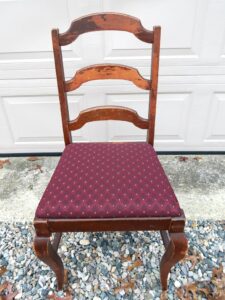 Rustic looking side chair. Client wanted to leave all the imperfections with the finish on the chair frame. Chair frame was completely re-glued. Chair seat upholstered in a United Fabrics Crypton fabric with Tuscany colors. Upholstered and repaired by Cape Cod Upholstery Shop | Located in South Dennis, MA 02660