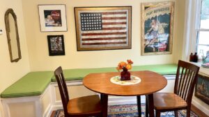 Cape Cod Upholstery Shop website homepage cover photo | Dinette cushions fabricated in a vibrant green JF Fabrics Bradshaw pattern | Cushions fabricated by Cape Cod Upholstery Shop | Located in South Dennis, MA 02660