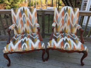 Queen Anne style chair, front view | Upholstered in a raised velvet flame stitch fabric | Upholstered by Cape Cod Upholstery Shop | Located in South Dennis, MA 02660