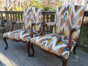 Queen Anne style chair, side view | Upholstered in a raised velvet flame stitch fabric | Upholstered by Cape Cod Upholstery Shop | Located in South Dennis, MA 02660