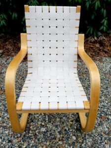 Aalto lounge chair affectionately called the "Pension Chair" by Finland design visionary Alvar Aalto | Solid Birch frame | New wool/cotton Artek natural/white webbing | Birch frame refinished by Wesley Woodworking in Orleans, Ma | Webbing installed by Cape Cod Upholstery Shop | Located in South Dennis, MA 02660