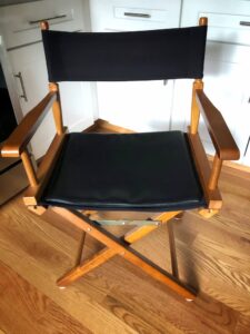 Maple Wood Directors Chair. Black Canvas with an added closed cell foam seat cushion covered in a black vinyl cover. Cushions fabricated by Cape Cod Upholstery Shop | Located in South Dennis, MA 02660