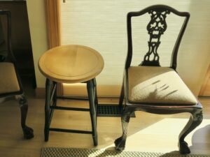 Victorian Style Ball and Claw Foot dining room side chair. Upholstered in a Revolutions Fabrics South Paw color mustard fabric. Upholstered by Cape Cod Upholstery Shop | Located in South Dennis, MA 02660