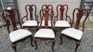 Queen Ann Dining Chairs, set of six, ready for delivery. Upholstered in an off white Anna Elisabeth indoor-outdoor fabric. Upholstered by Cape Cod Upholstery Shop | Located in South Dennis, MA 02660