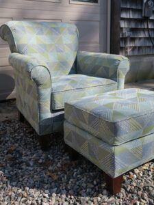 Upholstered chair with matching ottoman. Chair & ottoman upholstered using United Fabrics Bella-Dura Fabrics. Upholstered by Cape Cod Upholstery Shop | Located in South Dennis, MA 02660