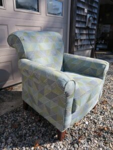 Upholstered chair with a view from the side. Chair upholstered using United Fabrics Bella-Dura Fabrics. Upholstered by Cape Cod Upholstery Shop | Located in South Dennis, MA 02660