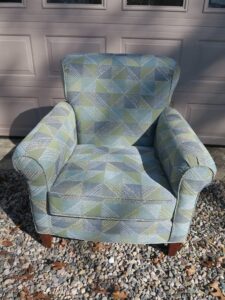 Upholstered chair with a view from the front. Chair upholstered using United Fabrics Bella-Dura Fabrics. Upholstered by Cape Cod Upholstery Shop | Located in South Dennis, MA 02660