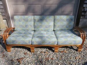 Rattan sofa with loose boxed style cushions. Cushions fabricated using United Fabrics Bella-Dura Fabrics. Cushions fabricated by Cape Cod Upholstery Shop | Located in South Dennis, MA 02660