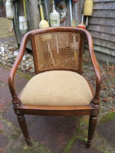 Sheraton Style Cane Back Chair with a removable upholstered seat. Seat upholstered in a Greenhouse Fabrics wool style Crypton fabric. Upholstered by Cape Cod Upholstery Shop | Located in South Dennis, MA 02660