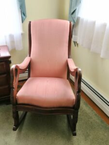 Antique Goose Neck Rocking Chair. Upholstered in a customer supplied Moire fabric. Upholstered by Cape Cod Upholstery Shop | Located in South Dennis, MA 02660