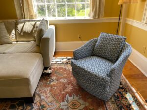 Swivel Barrel Back Chair. Upholstered in a United Fabrics performance fabric. Upholstered by Cape Cod Upholstery Shop | Located in South Dennis, MA 02660