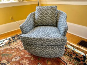 Swivel Barrel Back Chair. Upholstered in a United Fabrics performance fabric. Upholstered by Cape Cod Upholstery Shop | Located in South Dennis, MA 02660