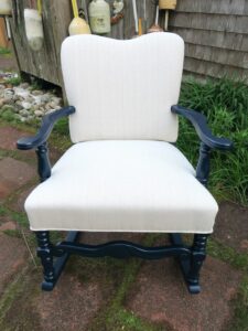 Vintage rocking chair Circa 1940s with a rich blue painted finish. Upholstered using a Greenhouse Fabrics neutral herringbone stripe fabric. Upholstered by Cape Cod Upholstery Shop | Located in South Dennis, MA 02660