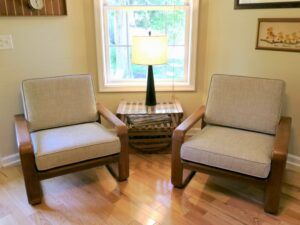 Matching teak chairs with Pirelli rubber webbing seat support and loose cushions. All new 2.6 high density foam and bonded dacron padding. Cushions fabricated by Cape Cod Upholstery Shop | Located in South Dennis, MA 02660